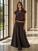 Women's French-style Elegant Linen Blend Embroidered T-shirt And Skirt Set ZMZ2981A8K