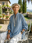 Women's Vintage Casual Linen Blend Vertical Stripes Mandarin Collar, and Lantern Sleeves Loose Blouse ZMZ2818E2ZYY