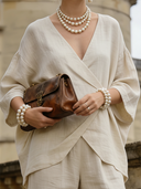 Women's Retro Casual Cotton Linen V-Neck Oversized Shirt And Trousers Two-Piece Set ZMZ2675B8TO