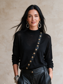 Women's Retro Casual Cotton Yarn Knitted Patchwork PU Crew Neck Pullover Sweater ZMZ0853I2ZJY