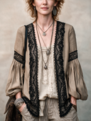 Women's Classic Khaki Cotton Linen Lace Trim Unbuttoned Long-Sleeve Shirt ZMZ2417H1SWL