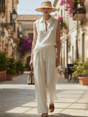 Women's Premium Minimalist Cotton And Linen Blend T-shirt And Trousers Set ZMZ2727A6K