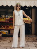 Women's Italian-style Romantic Vacation Embroidered Linen Blend T-Shirt And Pants Set ZMZ3096A0K