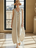 Women's French-style Elegant Cotton And Linen Blend V-neck Maxi Dress ZMZ2944A6K