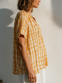 Women's Boho Casual Rayon Blend Plaid Pleated Notch Neck Short Sleeve Blouse ZMZ1239F2YZH