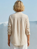 Women Premium Cotton Linen Ruffled Half Placket Blouse Stand Collar Long Sleeve Loose Textured Tunic Top ZMZ3053F6YZH