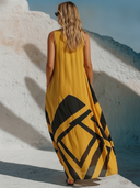 Women's Resort Style Faux Linen Abstract Print Sleeveless V-Neck Maxi Dress ZMZ0470F6YZH