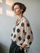 Women's Vintage Casual Cotton-Linen Polka-Dot V-Neck Long-Sleeve Shirt ZMZ0776G7ZYY