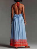 Women's Vacation Style Blended Halter Neck Striped Hem Maxi Dress With Pockets ZMZ2496D4YZH