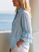 Women Premium Cotton Linen Blouse Ruffled Tie V Neck Double Layer Flare 3/4 Sleeve Loose Sky Blue Vacation Top ZMZ0238G3YZH