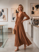 Women's V-Neck Long Sleeve Smocked Waist Maxi Dress ZMZ0846I3YZH