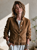 Women's American Retro Casual Faux Suede Single-Breasted Jacket With Stand Collar And Ruffle Detail ZMZ0470I2ZYY