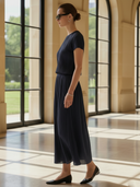 Women's High-End Old Money Style Pleated Stretch Fabric Short-Sleeve T-Shirt And Skirt Set ZMZ2702B0K