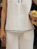 Women's Italian-style Romantic Vacation Embroidered Linen Blend T-Shirt And Pants Set ZMZ3096A0K