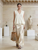 Women's French Elegance Cotton Yarn Knitted Vest & Silk-Like Skirt Set ZMZ2636B3P