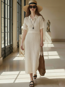 Women's French-style Elegant Polo Collar Knitted Short-sleeved Maxi Dress ZMZ0647B8K