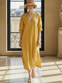 Women's Casual Cotton And Linen Blend V-neck Midi Dress ZMZ2132A7K