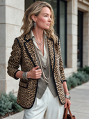 Women's Classic Leopard-Print Faux Suede Two-Button Blazer With Black Trim ZMZ2105I0SWL