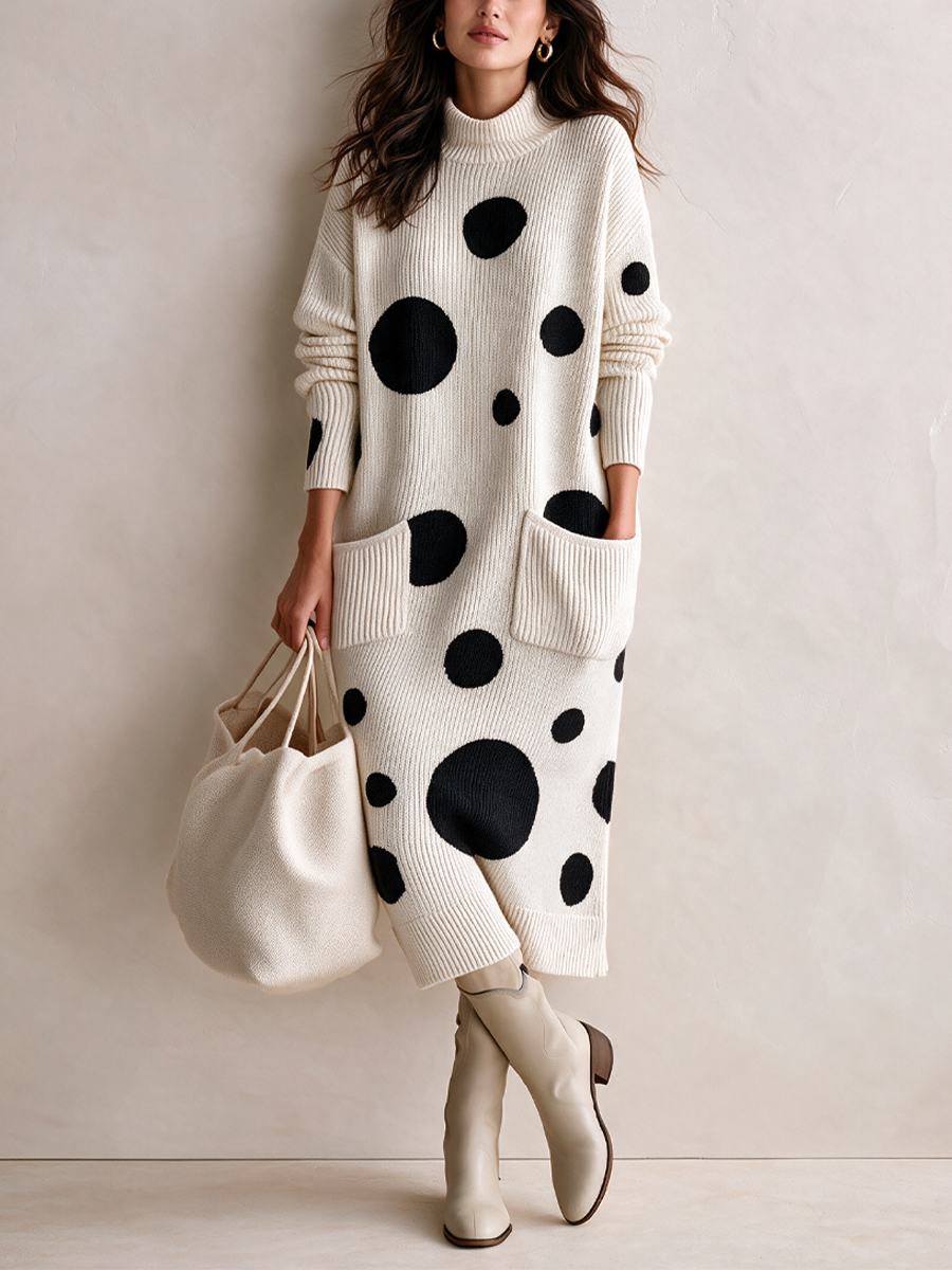 Women's Elegant Polka-Dot Long-Sleeve High-Stretch Knit Midi Dress ZMZ0723I6SWL