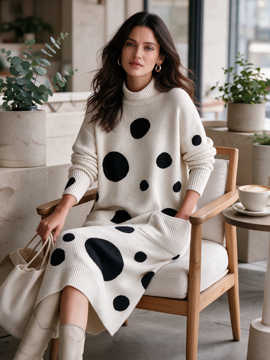 Women's Elegant Polka-Dot Long-Sleeve High-Stretch Knit Midi Dress ZMZ0723I6SWL