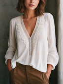 Women's Elegant Chiffon And Lace V-Neck Long-Sleeve Top ZMZ0397G0SWL