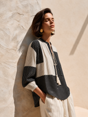 Women's Retro Color-Block Striped Long-Sleeve Tie-Neck Top ZMZ2194G3SWL
