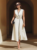 Women's Old-Money Style White Rayon V-neck Sleeveless Midi Dress (with Belt) ZMZ2622B6U