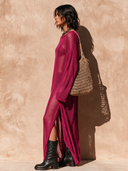 Women's Retro Casual Cotton Yarn Knit Hollow-out Round Neck Long Sleeve Maxi Dress ZMZ1149H2ZJY