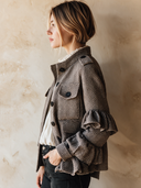 Women's Retro Casual Herringbone Stand Collar Ruffle Button Jacket ZMZ1544J6ZJY