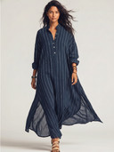 Women's Chiffon Striped Print Stand-Collar Long-Sleeve Maxi Dress ZMZ0226E4XT