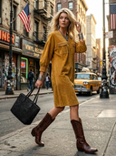 Women's Vintage Western-Style Faux Suede Embroidered V-Neck Lantern-Sleeve Loose Midi Dress ZMZ0607H7ZYY