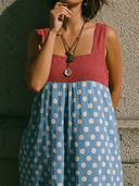 Women's Casual Resort-Style Polka-Dot Panels And Square Neck Cotton-Linen Blend Sleeveless Maxi Dress ZMZ2218F4ZYY