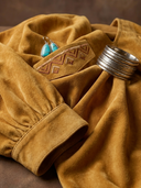 Women's Vintage Western-Style Faux Suede Embroidered V-Neck Lantern-Sleeve Loose Midi Dress ZMZ0607H7ZYY