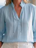 Women Premium Cotton Linen Blouse Ruffled Tie V Neck Double Layer Flare 3/4 Sleeve Loose Sky Blue Vacation Top ZMZ0238G3YZH