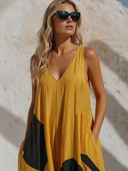 Women's Resort Style Faux Linen Abstract Print Sleeveless V-Neck Maxi Dress ZMZ0470F6YZH