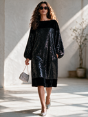 Women's Formal Party Dress: Velvet And Sequin Panel Design, Crew Neck, Lantern Sleeves ZMZ0192I0ZYY