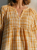 Women's Boho Casual Rayon Blend Plaid Pleated Notch Neck Short Sleeve Blouse ZMZ1239F2YZH
