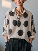 Women's Vintage Casual Cotton-Linen Polka-Dot V-Neck Long-Sleeve Shirt ZMZ0776G7ZYY