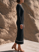 Women Ribbed Knit Midi Dress Contrast Piping V Neck Long Sleeve Elegant Causal Office Dress ZMZ3177G4YZH
