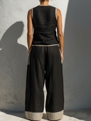 Women's Minimalist Linen-Cotton Contrast Trim V-Neck Vest & Patchwork Balloon Pants Set ZMZ2085E5YZH