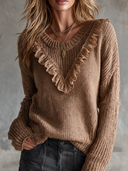 Women's French-style Solid Color Lace Ruffled V-neck Long-sleeved Sweater ZMZ2717H8XT