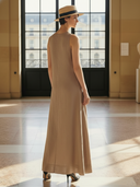 Women's High-end Old-money Style Embroidered Tencel And Linen Blend V-neck Sleeveless  Maix Dress ZMZ1099B5K