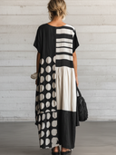 Women's Casual Retro Cotton-Linen Spliced  — Round Neck, Short Sleeve, Loose Fit, Maxi Length Dress ZMZ2153E0ZYY