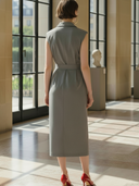 Women's High-End French Style Cotton Linen Sleeveless Slim Fit Midi Dress ZMZ1449B4K
