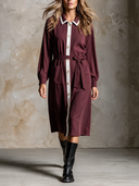 Women's French-Style Elegant Cotton Color-Block Collar Tie-Neck Midi Shirt Dress ZMZ0345I7XT