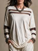 Women's Vintage Casual Cotton & Mesh Striped-Panel Long-Sleeve Pullover T-Shirt ZMZ2699H0ZJY