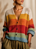 Women's Classic Casual Horizontal Stripes And Color-Block Paneling V-Neck Single-Breasted Knit Cardigan ZMZ1464H0ZYY