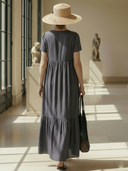 Women's Minimalist Embroidered Cotton-linen Blend V-neck Short-sleeved Maxi Dress ZMZ1416B3K