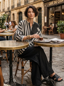 Women's Vintage Casual Striped Cotton-Linen Henley Lantern Sleeves Shirt And Wide-Leg Pants Set ZMZ2900G4ZYY