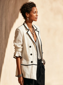 Women's Classic Beige Double-Breasted Cotton Jacket With Contrasting Trim ZMZ1054H5SWL